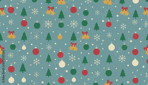 Seamless vintage Christmas pattern with festive ornaments trees bells and snowflakes on blue background
