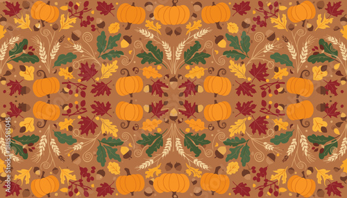 Seamless autumnal harvest pattern with pumpkins leaves and acorns Thanksgiving fall and textile design background