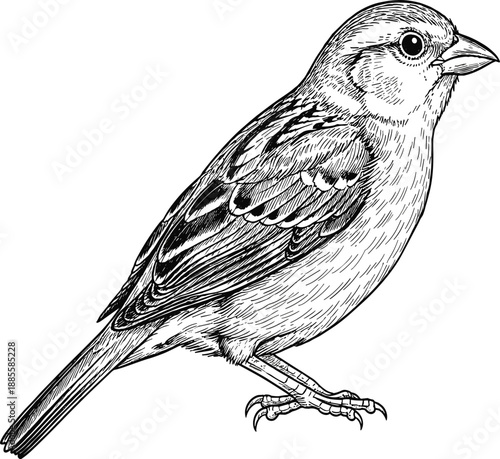 Sparrow illustration, black and white bird, detailed feathers, ink drawing, wildlife sketch, perched sparrow, nature art, avian anatomy, fine linework