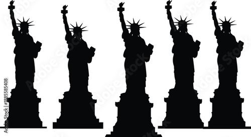 Statue of Liberty silhouette vector illustration with multiple iconic monuments, American freedom symbol, New York landmark, patriotic design, cultural heritage