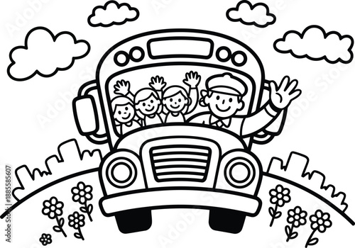 A smiling school bus driver and students wave cheerfully from their school vehicle