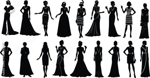 Set of fashionable women silhouettes illustration isolated on white background featuring elegant dresses gowns and stylish female poses for fashion design
