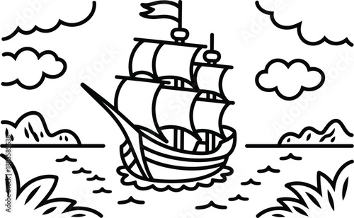 A traditional sailing ship with multiple masts navigates calm waters between small islands and fluffy clouds