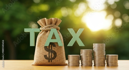 Tax Bag with Coins and Dollar Sign on a Table with Nature Background