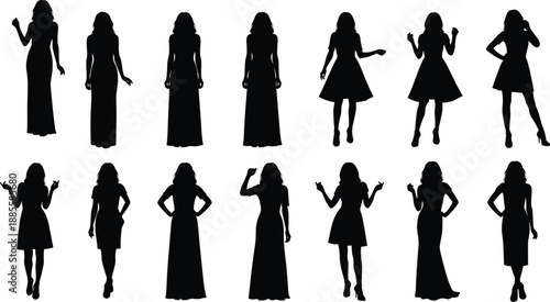 Set of female silhouettes illustration isolated on white background showing women in elegant dresses casual outfits and expressive standing poses