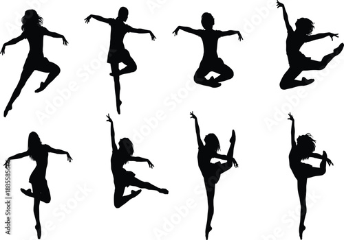 Title: Ballet silhouettes, contemporary dance poses, elegant movement, graceful dancers, artistic expression, black figures, flexibility, strength, performance art, choreography captured