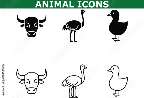 A collection of simple animal icons in black and white