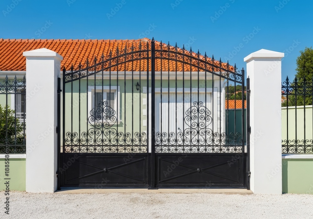 Naklejka premium Elegant Black Wrought Iron Gate with Decorative Motifs and Green House