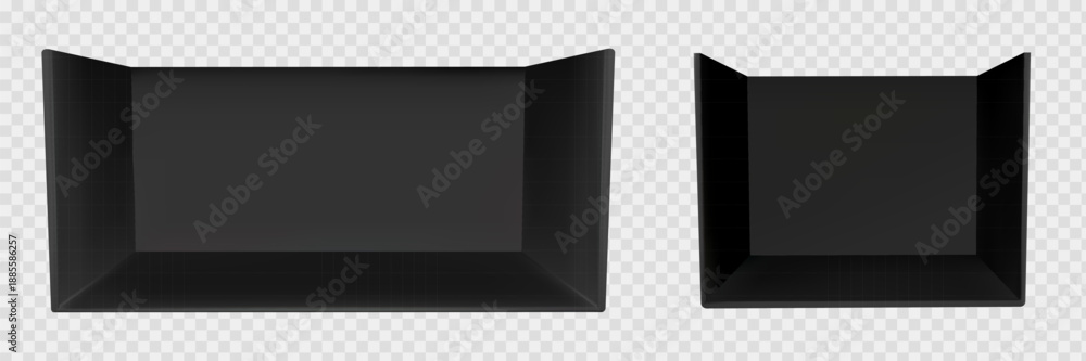 Fototapeta premium Booth stand set with black 3d corner and mockup wall for tradeshow exhibition. Empty square room with backdrop showroom display and office space interior. Store floor area perspective template vector