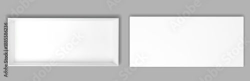 White box mockup top view. Open gift package empty inside for secret. 3d cardboard container with shadow and realistic paper cover. Vector mock up isolated above front on transparent background