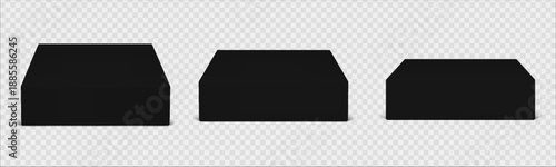 Square black podium with 3d cube platform set for product display on transparent background. Stand and base with stone texture. Mockup for showcase design isolated vector. Block in different position