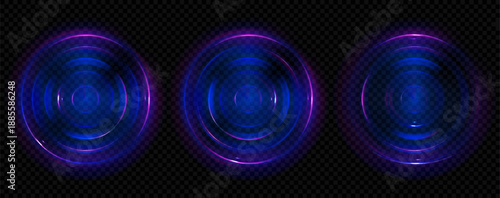 Blue neon concentric echo circle with radial gradient. Vibrant wireless technology design with glow hud vortex. Layered rings for abstract data or sound alert. 3d soft ripple graphic for radio signal.