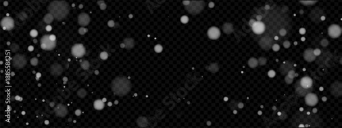 Transparent snowfall overlay with falling white flake and sparkle on cold winter sky. Magical snowy effect frame with glitter powder and subtle glow for season background. Vector isolated png design