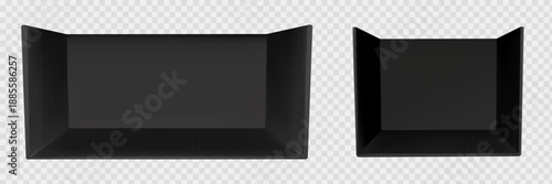 Booth stand set with black 3d corner and mockup wall for tradeshow exhibition. Empty square room with backdrop showroom display and office space interior. Store floor area perspective template vector