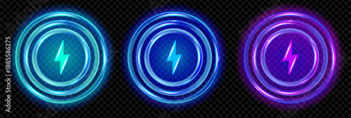 Blue wave with light wireless effect for wifi icon. Abstract neon charger circle for signal in car or phone. Purple hud scan with thunder design. Round concentric pattern for audio frequency set.