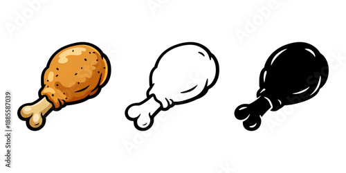 Fried chicken drumstick cartoon icon set silhouette