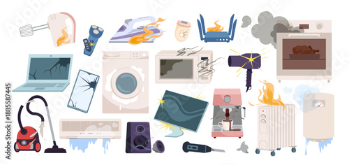 Collection of damaged electronic devices including laptop, phone, appliances, and gadgets with visible cracks, fire, and smoke, isolated on white background vector illustration