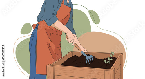 Gardener tending to a raised garden bed with plants and soil.