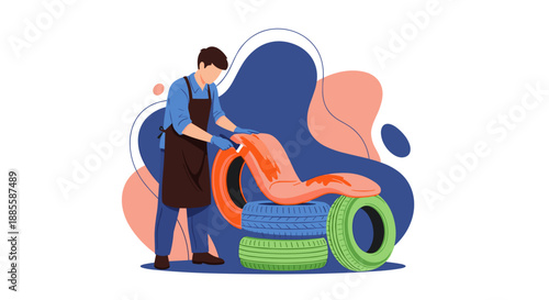 Mechanic Carefully Inspecting and Repairing Tires in Workshop Setting.