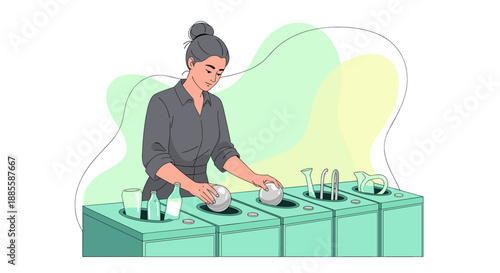 Woman arranging glassware at a bar preparing for service smiling and happy.