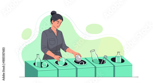 Woman Sorting Glass Bottles into Recycling Bins for Environmental Conservation.