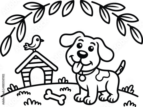 Cute cartoon dog stands beside its doghouse with a bird, a bone, and decorative leaves above