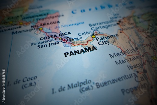 Map of Panama with round vignette. Selective focus on label, close-up view