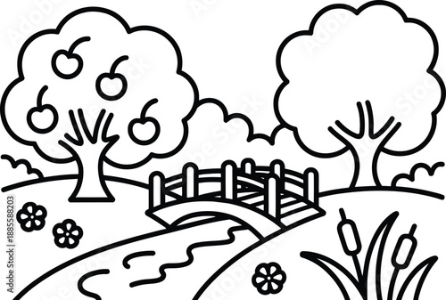 Delightful black outline illustration of a serene landscape with a bridge, river, and cherry trees