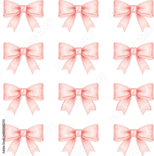 Watercolor set of pink bows png. Pink satin ribbon bows in different ways of tying. Elements for romantic decor, girlish hairstyles, etc
