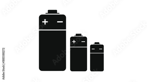 Black and white illustration of varying sized batteries with positive and negative signs