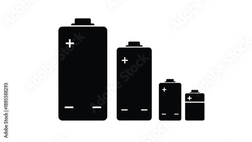 Black and white illustration of varying battery sizes with positive and negative signs