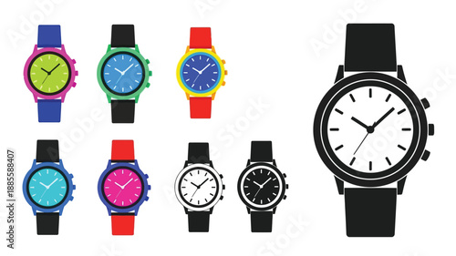 Colorful wristwatches and a black watch with a white face displayed