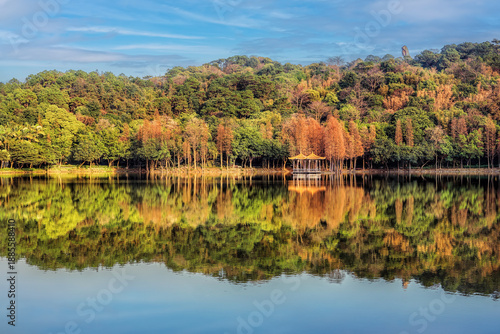 Mount Xiqiao, Foshan, Guangdong, China. The mountain is an important scenic area and designated as a national forest park and national geological park. Tianhu Lake.                              
