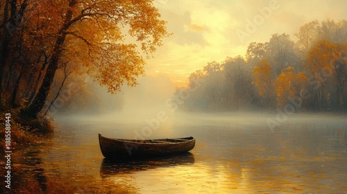 Serene Autumn Landscape with Calm River and Wooden Boat in Misty Morning