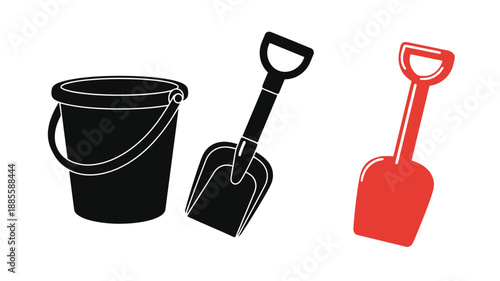 Black and red beach toys a bucket and two shovels illustration