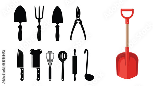 A collection of garden tools in silhouette and red arranged in a row