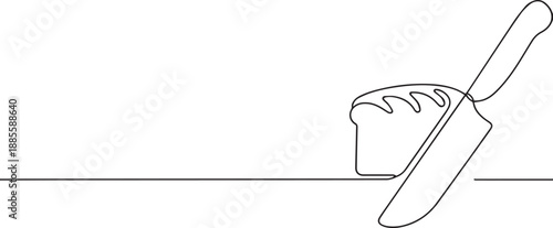 Bread with a knife one continuous line art, Vector illustration, One line art, Line art graphic style