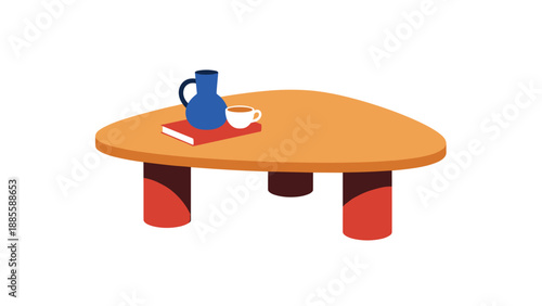 Minimalist illustration shows a low-profile wooden coffee table decorated with a blue ceramic pitcher, a white cup, and a red book.