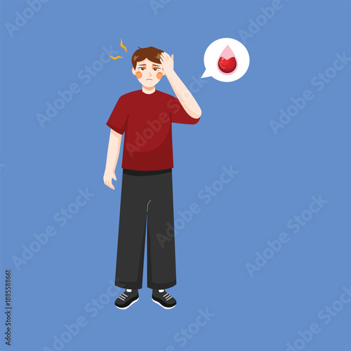 An illustration of a man showing symptoms of anemia such as fatigue and weakness, suitable for medical education, health awareness, and clinical information content.