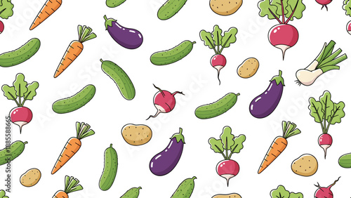 Seamless vector pattern features a colorful variety of hand-drawn vegetables including carrots, cucumbers, eggplants, radishes, and potatoes.