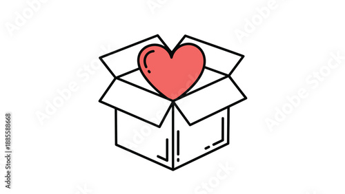 Simple line art illustration features an open cardboard shipping box with a large red heart shape emerging from the center to represent love.