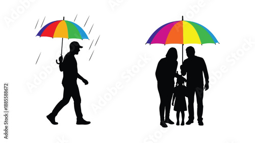 Silhouettes of people with colorful umbrellas shielding from a rainy day