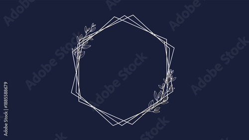 Elegant white geometric hexagonal frame adorned with delicate floral sprigs is set against a solid dark blue background for a modern look.