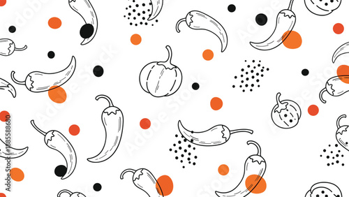 Playful seamless pattern showcases hand-drawn line art of chili peppers and pumpkins with orange and black dots on a white backdrop.