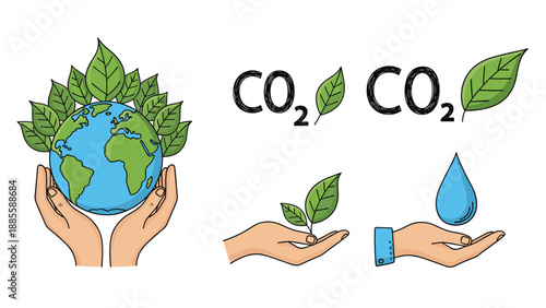 Collection of ecological icons illustrates environmental concepts such as hands holding the Earth, growing leaves, and a single water drop.