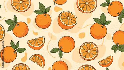 Refreshing seamless pattern features whole oranges, sliced segments, and green leaves arranged over an abstract light yellow background.