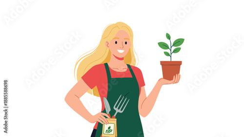 Happy female gardener wearing a green apron holds a small potted plant in one hand and gardening tools in the other against a white background.