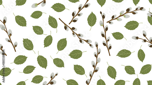 Delicate seamless pattern showcases branches of pussy willow with fuzzy buds and scattered green leaves on a plain white background.