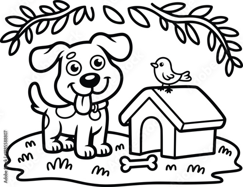 Happy cartoon puppy smiles with tongue out next to its doghouse and a little bird