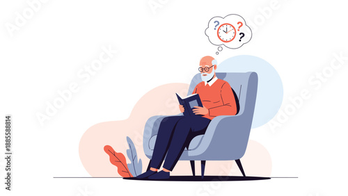 Senior man wearing glasses sits comfortably in an armchair reading a book while thinking about time and his daily schedule.